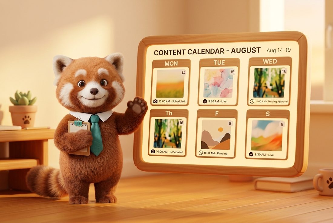 Maya, the posthell strategist, standing beside a weekly content calendar of scheduled posts