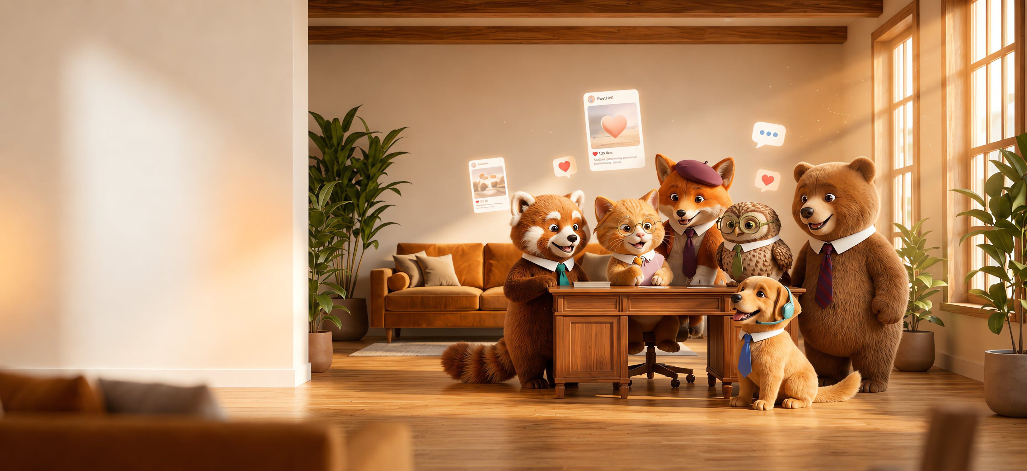 The posthell crew, six animal teammates gathered around a desk working on social posts