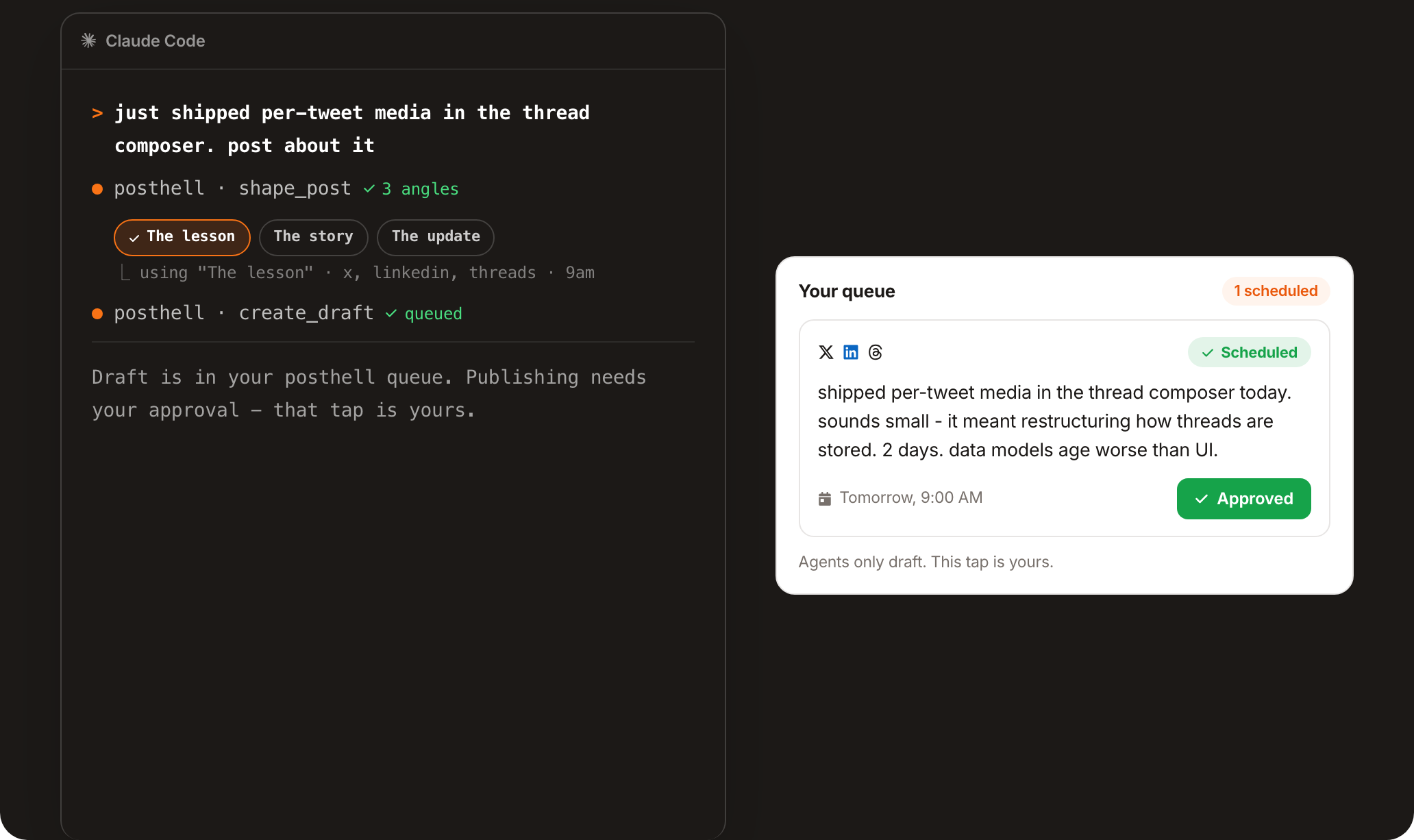 An AI agent drafting a posthell post through the MCP tools, waiting for approval