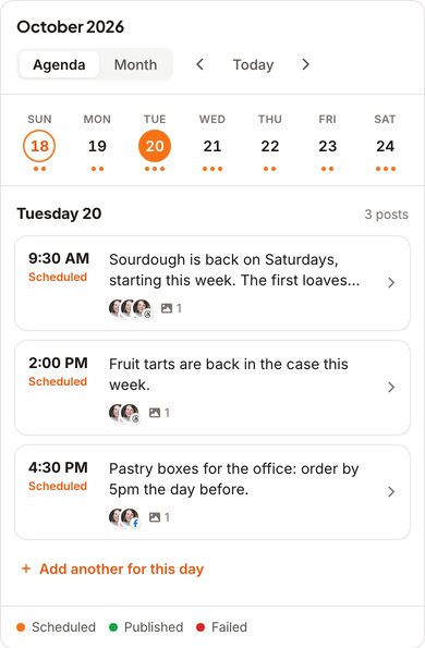 The posthell calendar on a phone, showing three scheduled bakery posts for Tuesday