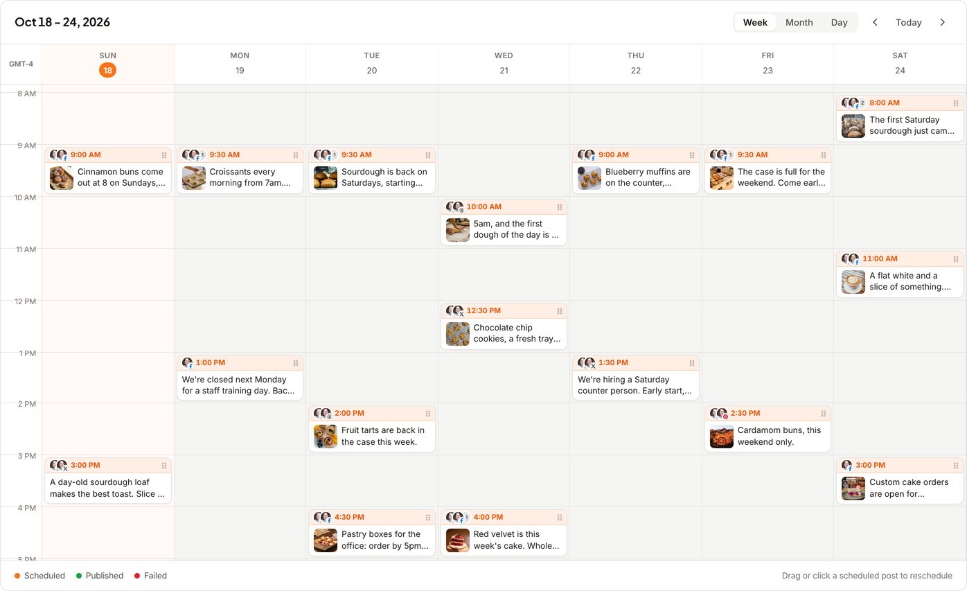 A bakery's week in the posthell calendar, with posts scheduled to Facebook, Instagram, Threads, X and Pinterest