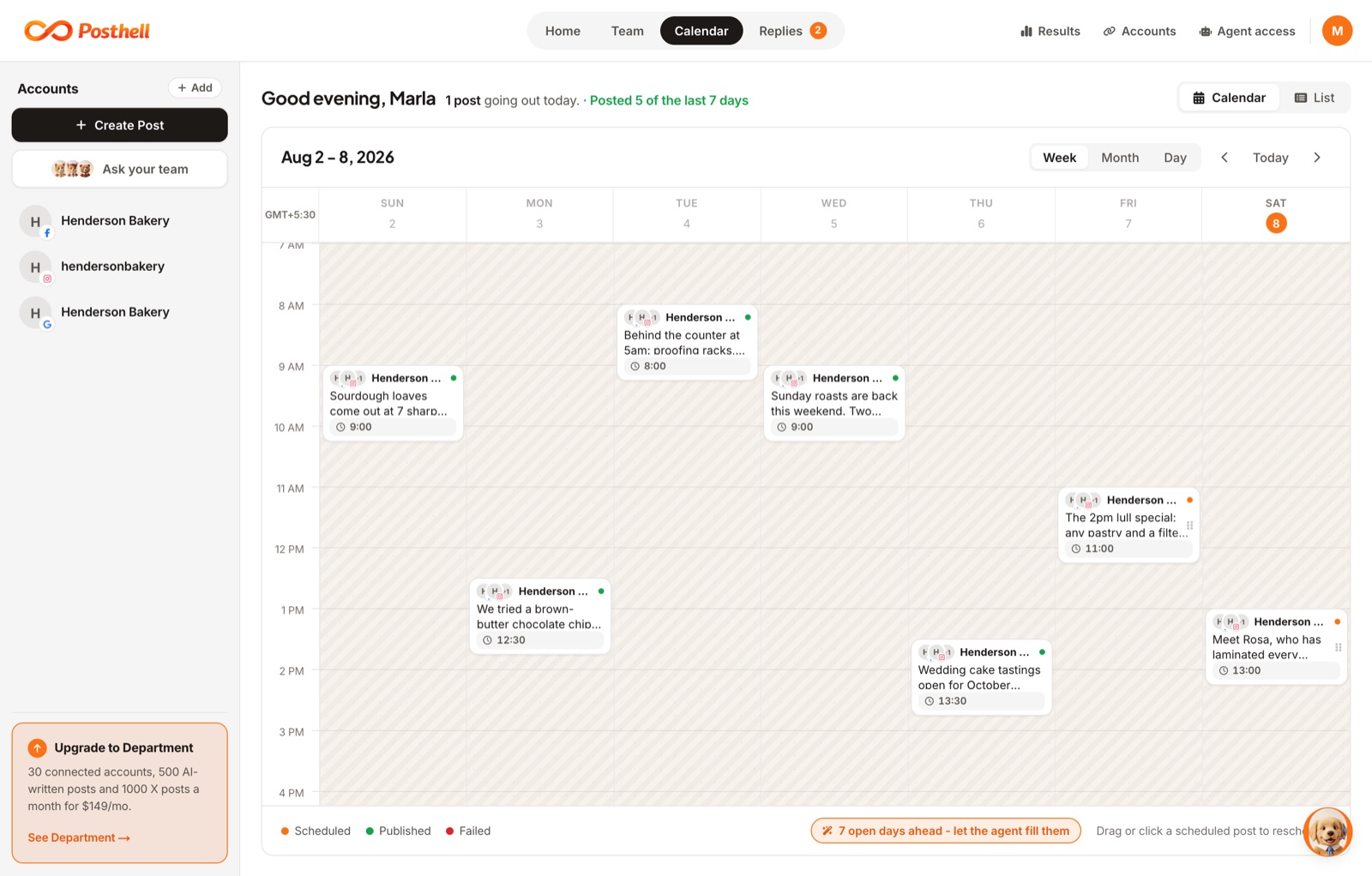 The posthell calendar week view with published and scheduled posts across the week