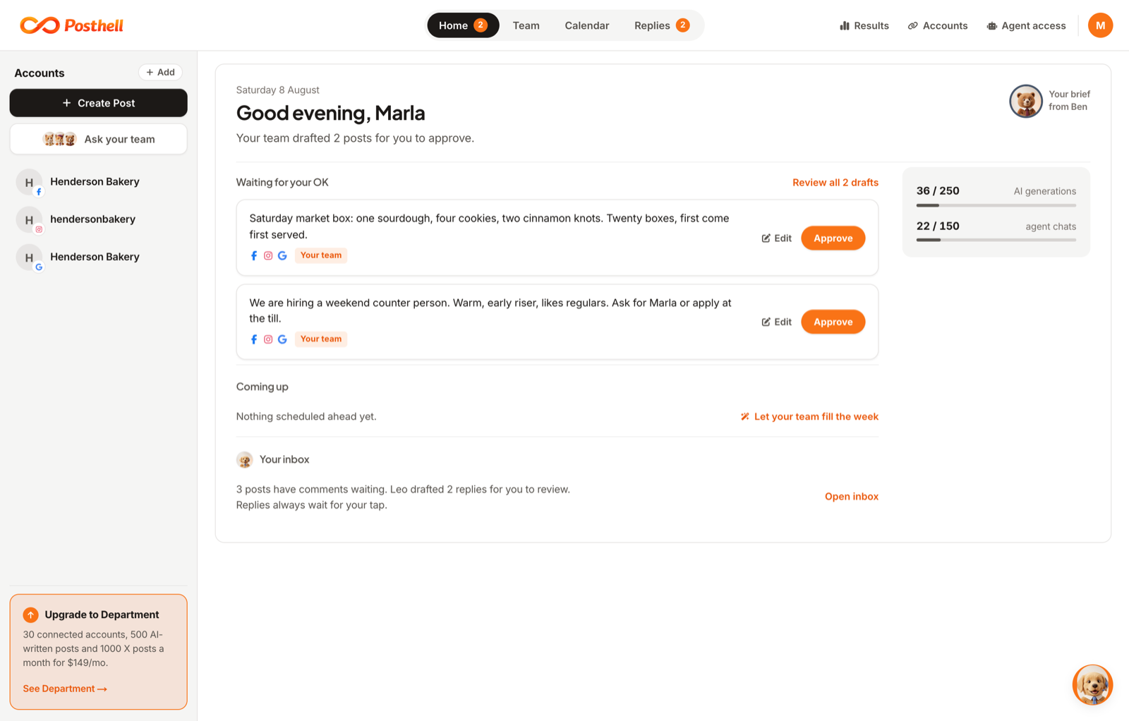 The posthell Home briefing: two drafts waiting for approval with Approve buttons, and the coming week's scheduled posts