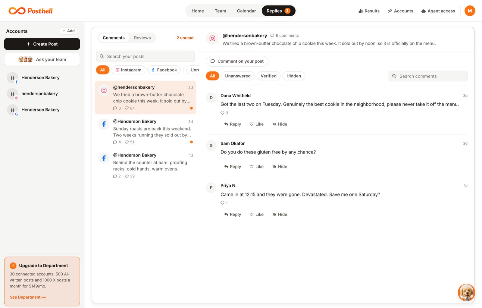 The posthell replies inbox: customer comments on one side, the full thread with reply buttons on the other