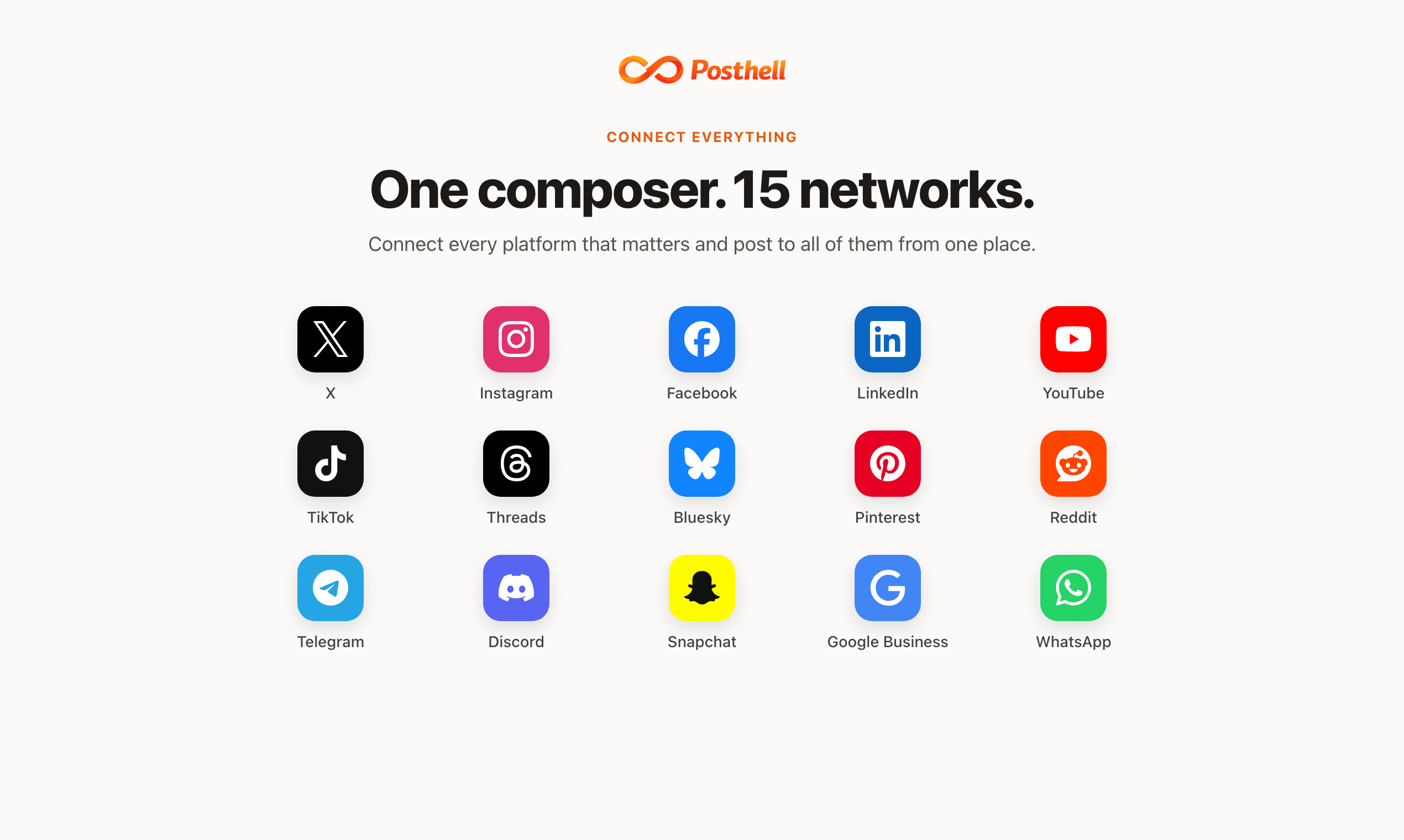 Connecting social accounts across 15 networks in posthell