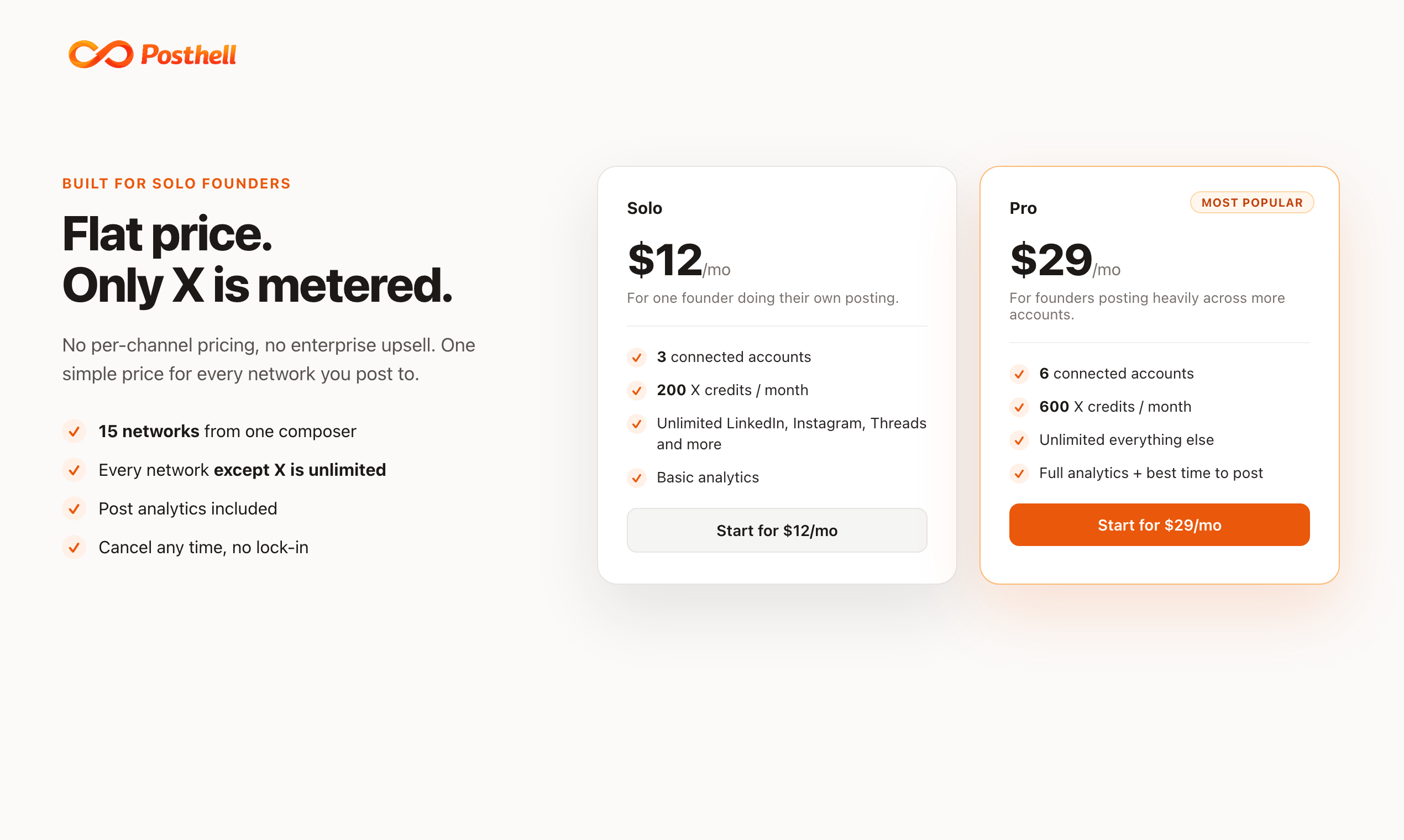 posthell pricing: Solo $12 and Pro $29 per month